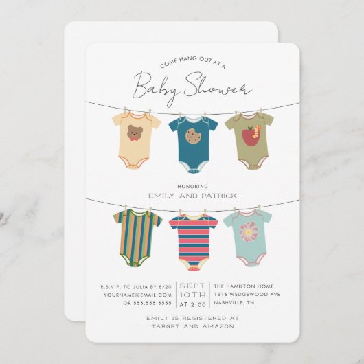 セサミストリートのパル ボディスーツ ベビーシャワー 招待状 (正面/裏面)