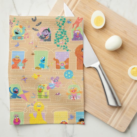 セサミストリートアパートメントウィンドウズパターン キッチンタオル (四つ折り)