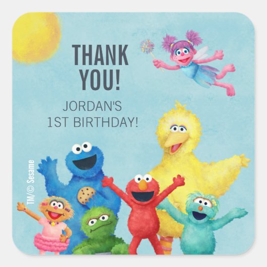 セサミストリートイラストレーション誕生日ありがとう スクエアシール (正面)