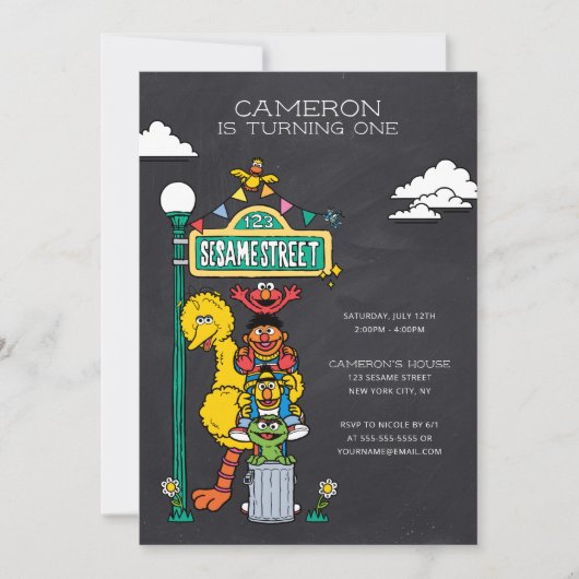 セサミストリートキャラクター&通りサイン誕生日 招待状 (正面)