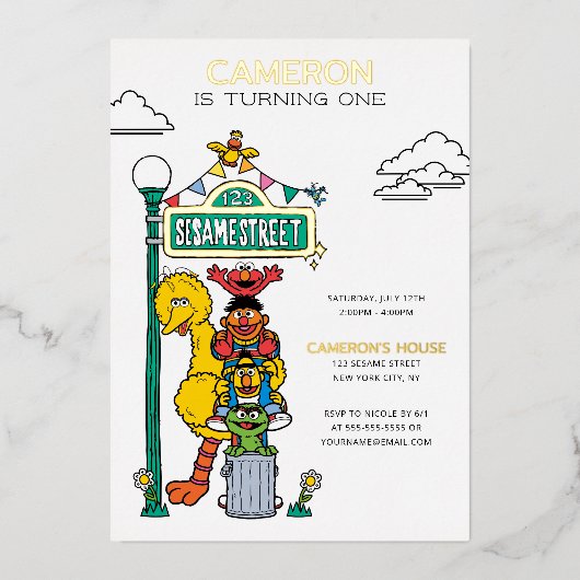 セサミストリートキャラクター&通りサイン誕生日 箔招待状 (正面)