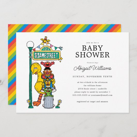 セサミストリートキャラクター&通りサイン赤ちゃんシャワー 招待状 (正面/裏面)