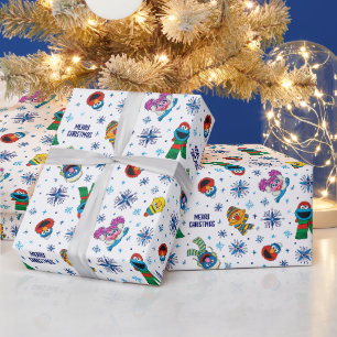 セサミストリートクリスマススノーフレークパターン ラッピングペーパー