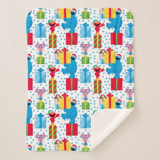 セサミストリートクリスマスプレゼントパターン シェルパブランケット (正面)