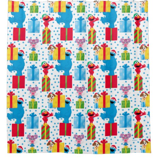 セサミストリートクリスマスプレゼントパターン シャワーカーテン (正面)
