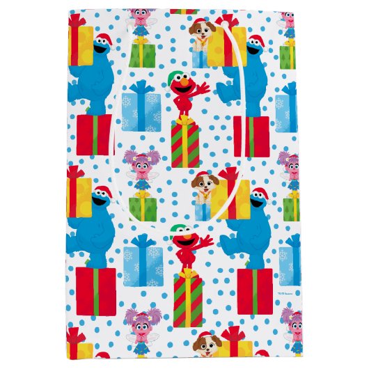 セサミストリートクリスマスプレゼントパターン ミディアムペーパーバッグ (正面)