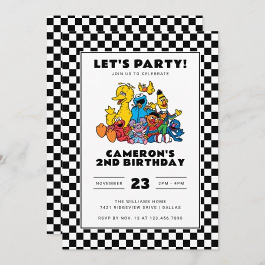 セサミストリートチェッカーボード誕生日 招待状 (正面/裏面)