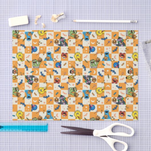 セサミストリートハロウィン市松模様にパターン 薄葉紙 (クラフト)