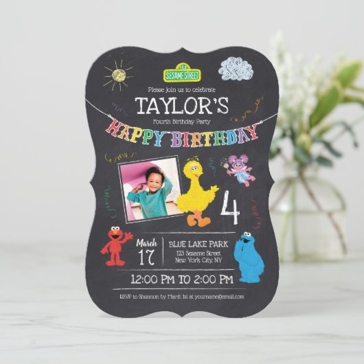 セサミストリートパルスチャルクボード写真4歳の誕生日 招待状 (スタンド正面)