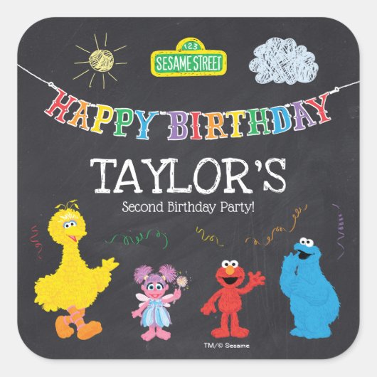 セサミストリートパルズチャルクボードレインボー誕生日 スクエアシール (正面)