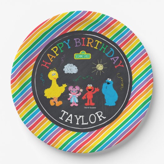 セサミストリートパルズチャルクボードレインボー誕生日 ペーパープレート (正面)