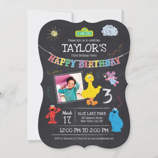 セサミストリートパルズチャルクボード写真3歳誕生日 招待状 (正面)