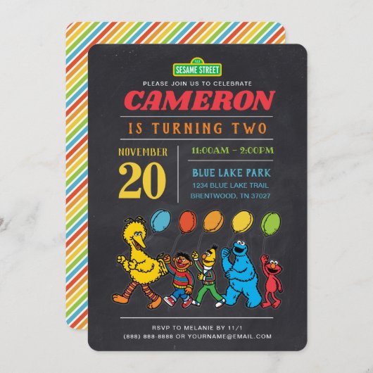 セサミストリートパルズ |チャルクボードバルーン誕生日 招待状 (正面/裏面)