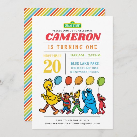 セサミストリートパルズ |バルーン1歳の誕生日 招待状 (正面/裏面)