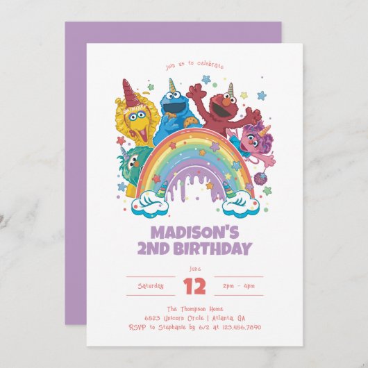 セサミストリートレインボーユニコーン誕生日 招待状 (正面/裏面)