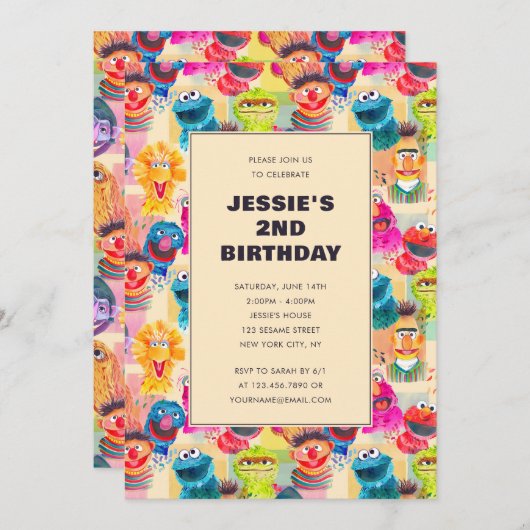 セサミストリート図解入りの、写真付きの模様 |誕生日 招待状 (正面/裏面)