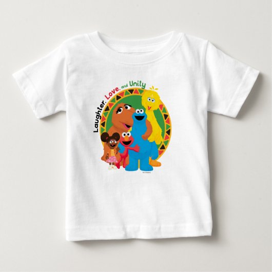 セサミストリート | 笑い、愛、統一 ベビーTシャツ (正面)