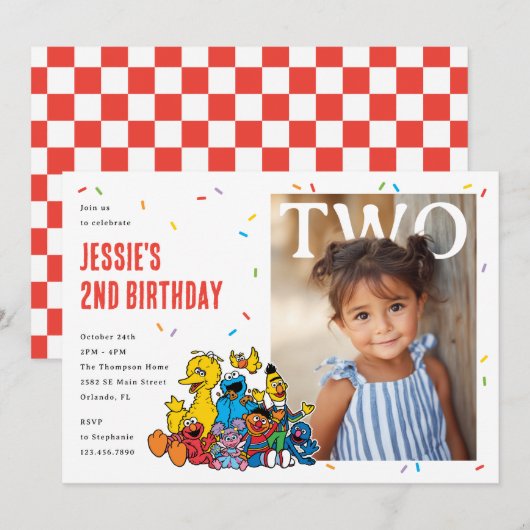 セサミストリート 赤い紙ふぶきの2歳の誕生日 招待状 (正面/裏面)