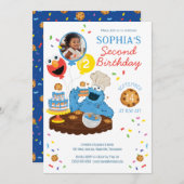 セサミストリート | Cookieモンスターケーキフォト誕生日 招待状 (正面/裏面)