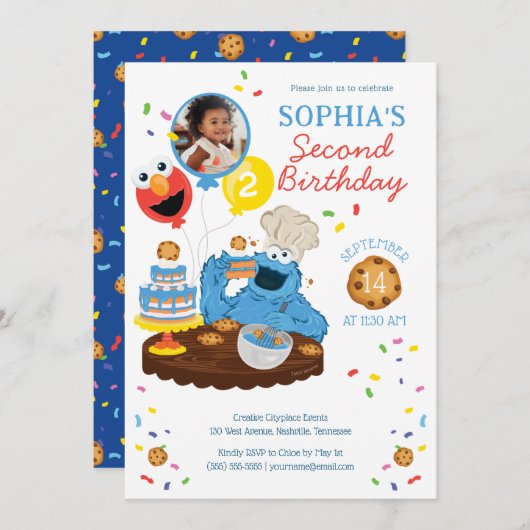 セサミストリート | Cookieモンスターケーキフォト誕生日 招待状 (正面/裏面)