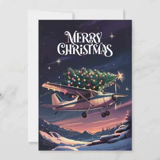 セスナ機に乗ったクリスマスツリーの写真 面白い シーズンカード (正面)