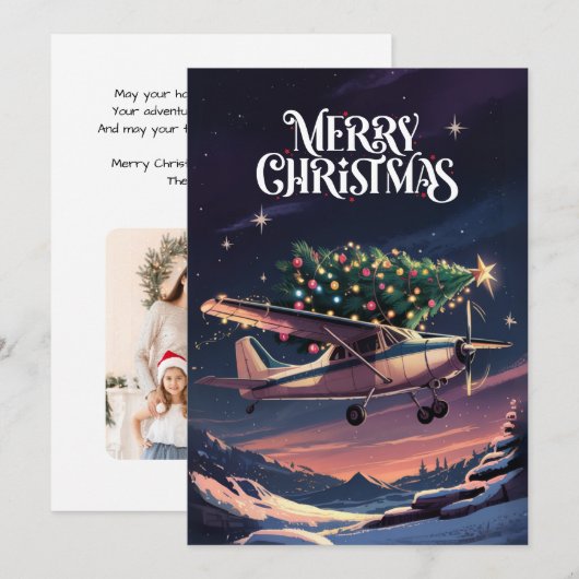 セスナ機に乗ったクリスマスツリーの写真 面白い シーズンカード (正面/裏面)