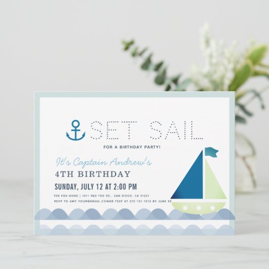 セットセイルボートブルー航海のボーイ誕生日 招待状 (スタンド正面)