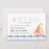 セットセイルボート航海のピンクガール誕生日 招待状 (正面)