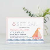 セットセイルボート航海のピンクガール誕生日 招待状 (スタンド正面)