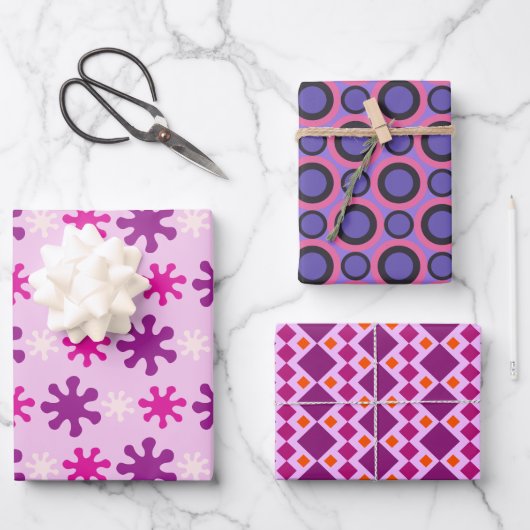 セット3カラフルヴィンテージレトロ60s 70s ラッピングペーパーシート (正面)