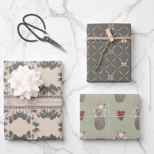 セットA、ハワイアンスタイルクリスマスラッピング紙 ラッピングペーパーシート (正面)