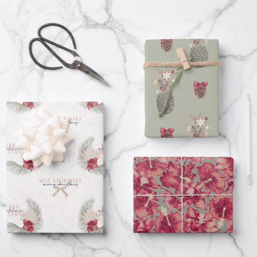 セットB、ハワイアンスタイルクリスマスラッピング紙 ラッピングペーパーシート (正面)