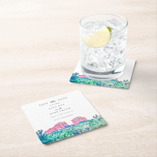 セドナアリゾナ砂漠の山の日付を保存 スクエアペーパーコースター (インサイチュ)