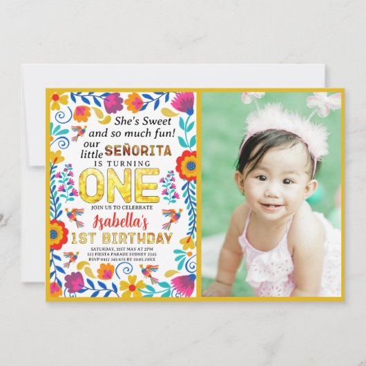 セニョリータ1歳の誕生日、メキシコのフローラフォークアート 招待状 (正面)