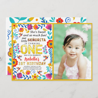 セニョリータ1歳の誕生日、メキシコのフローラフォークアート 招待状