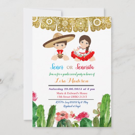 セニョールまたはセニョリタジェンダーが招待フィエスタを明らかにする 招待状 (正面)