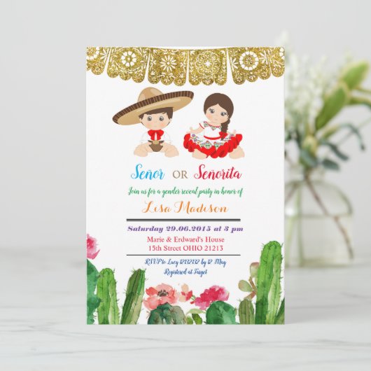セニョールまたはセニョリタジェンダーが招待フィエスタを明らかにする 招待状 (スタンド正面)