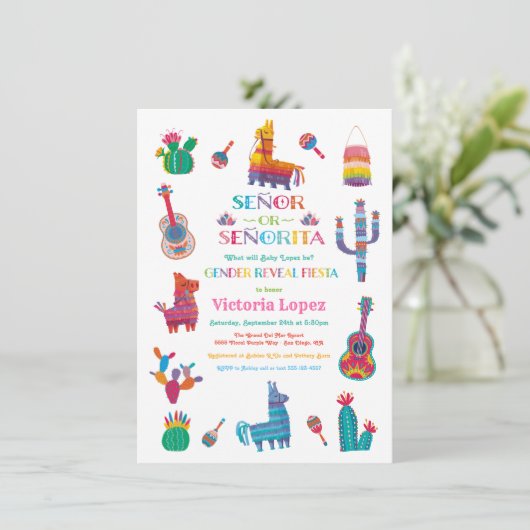 セニョール・セニョリータ性別でフェスタの赤ちゃんシャワーを明らかにする 招待状 (スタンド正面)