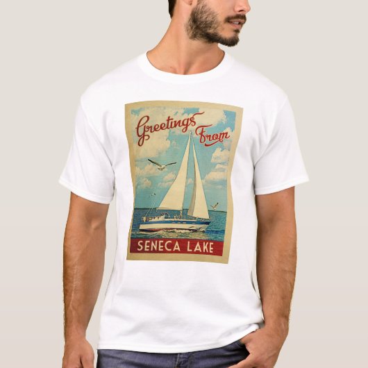 セネカレイクシルボートヴィンテージトラベルニューヨーク Tシャツ (正面)