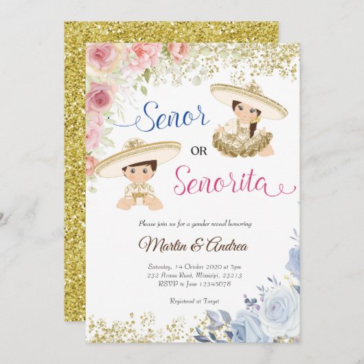 セノールまたはセノリータジェンダーがパーティの招待状を明かす 招待状 (正面/裏面)