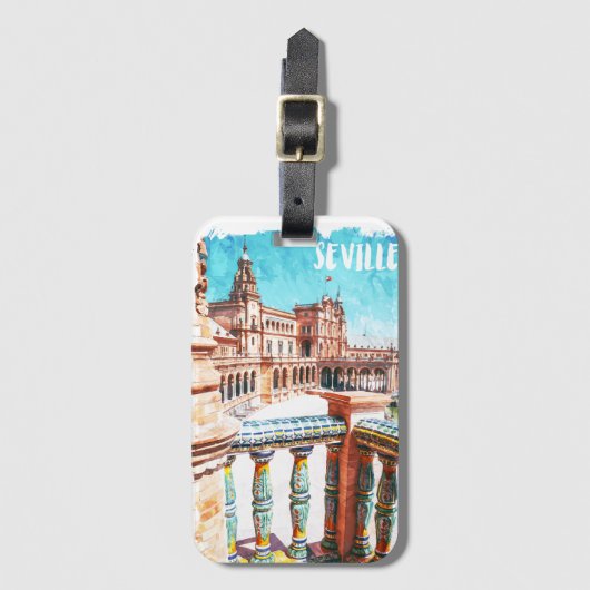 セビラスペイン建築ウォーターカラー ラゲッジタグ (正面縦)