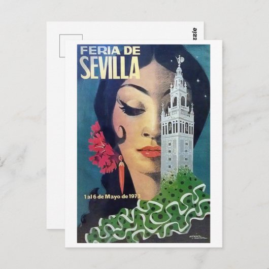 セビリア，シティタワーと黒髪の女性，ヴィンテージ ポストカード (正面/裏面)