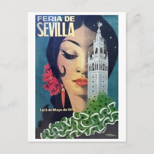 セビリア,シティタワーと黒髪の女性,ヴィンテージ ポストカード (正面)