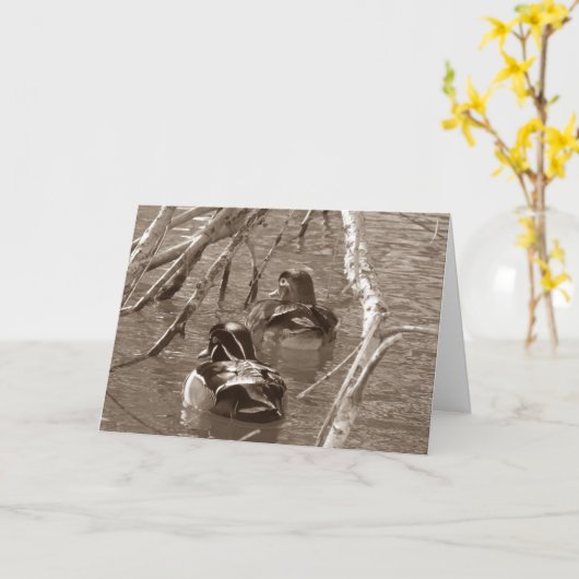 セピアの木のアヒルのドレイクとヘン カード (黄色い花)