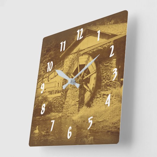 セピアの木製水車と鴨池 スクエア壁時計 (傾斜)