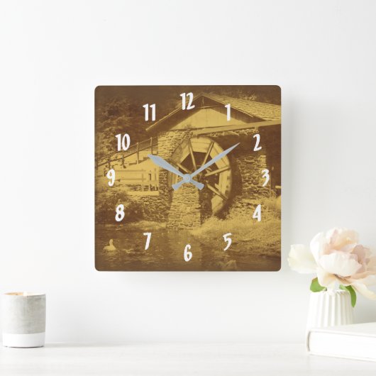 セピアの木製水車と鴨池 スクエア壁時計 (ホーム)