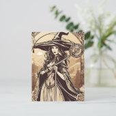 セピアの若い魔女、ヴィンテージハロウィーン ポストカード (スタンド正面)