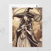 セピアの若い魔女、ヴィンテージハロウィーン ポストカード (正面/裏面)