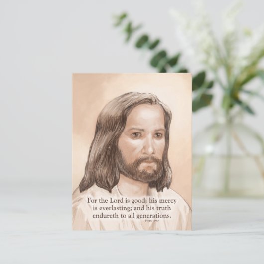 セピアイエズスアートバイブル引用文 – 詩篇100:5 ポストカード (スタンド正面)