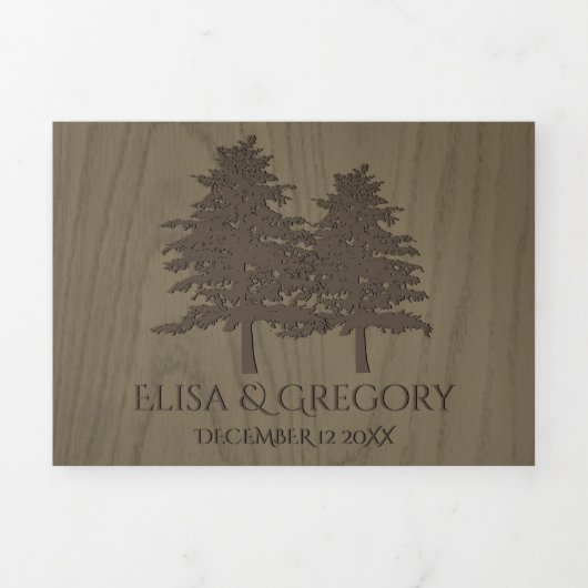 セピアエンボスの冬の結婚式の茶色の木 三つ折り招待状 (カバー)